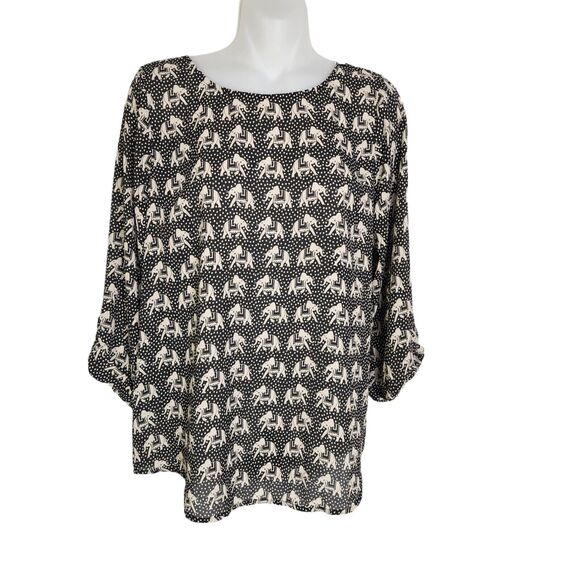 Pixley Womens Top Blouse Size Small Elephant Print 3/4 Roll Tab Sleeve Black Tan - Picture 1 of 10